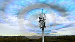 Cellular tower spreading signal 5g, 4g, 3g. Wave radiation effect of mobile tower