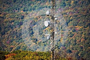 Cellular transmitting tower mounter in the forst hill at fall