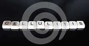 Cellulitis text word title caption label cover backdrop background. Alphabet letter toy blocks on black reflective background. Whi