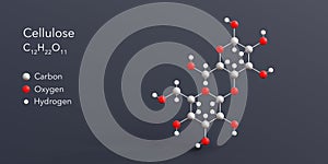 cellulose molecule 3d rendering, flat molecular structure with chemical formula and atoms color coding