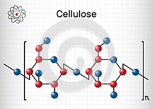 Cellulose polysaccharide molecule. Sheet of paper in a cage. Structural chemical formula