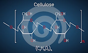 Cellulose polysaccharide molecule. Structural chemical formula on the dark blue background