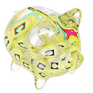 Celo (CELO) Clear Glass piggy bank with decreasing piles of crypto coins.