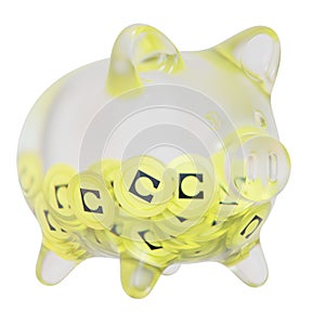 Celo (CELO) Clear Glass piggy bank with decreasing piles of crypto coins.