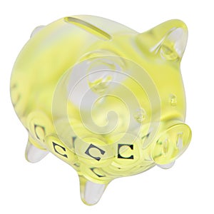 Celo (CELO) Clear Glass piggy bank with decreasing piles of crypto coins.