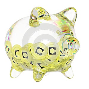 Celo (CELO) Clear Glass piggy bank with decreasing piles of crypto coins. photo