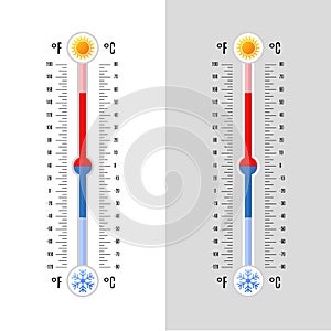 Celsius and Fahrenheit meteorology thermometers in a flat style isolated on grey and white background. Hot and cold