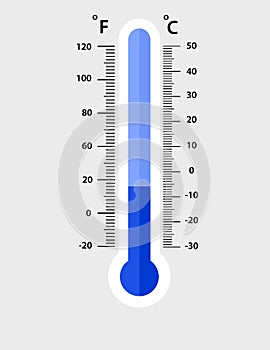 Celsius and fahrenheit meteorology thermometers measuring. cold, vector illustration. Thermometer equipment showing cold