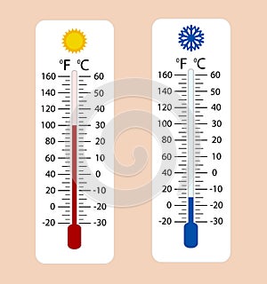 Celsius and fahrenheit meteorology thermometers measuring heat a