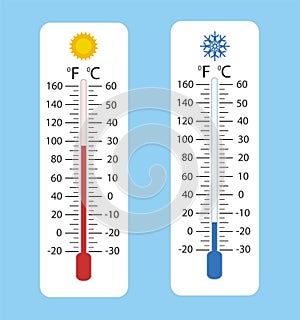 Celsius and fahrenheit meteorology thermometers measuring heat a