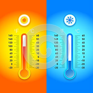 Celsius and fahrenheit meteorology thermometers measuring heat and cold, isolated illustration.