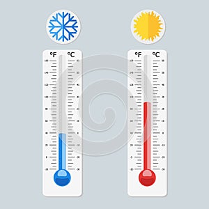 Celsius and fahrenheit meteorology thermometers measuring heat and cold. Vector, illustration in flat style isolated on