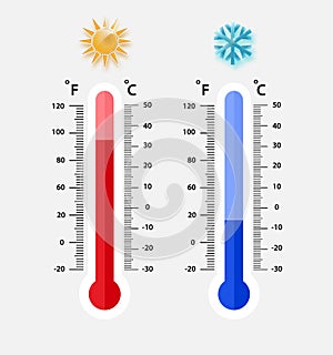 Celsius and fahrenheit meteorology thermometers measuring. heat and cold, vector illustration. Thermometer equipment