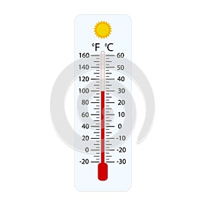 Celsius and fahrenheit meteorology thermometers measuring hot or cold, vector illustration. Thermometer equipment showing hot or
