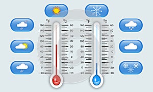 Celsius and fahrenheit meteorology thermometers showing hot and cold temperature, set of weather icons, indicators, vector.