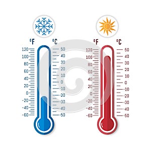 Celsius and Fahrenheit. Thermometer showing hot or cold air. Isolated vector illustration.