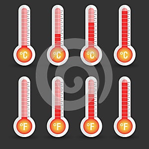 Celsius and Fahrenheit thermometers icon with different levels