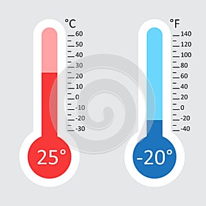 Celsius and Fahrenheit thermometers icon with different levels.