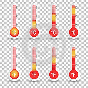 Celsius and Fahrenheit thermometers icon with different levels.