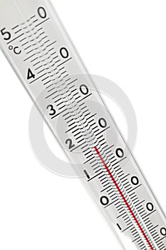 Celsius scale centigrade thermometer, glass bulb, red alcohol spirit meteorological environment temperature indication isolated photo