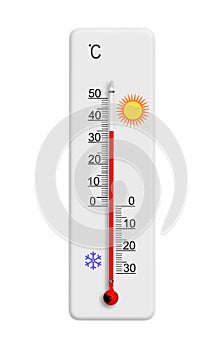 Celsius scale thermometer for measuring weather temperature. Thermometer isolated on white background. Ambient temperature 35