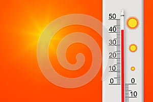 Celsius scale thermometer shows plus 42 degrees . Yellow sun in red sky.