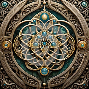 Celtic art, strange animal patterns, mystical totem with alchemical symbols, magical symbols,