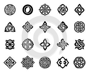 Celtic black icon symbol set. Irish ethnic endless knot shape ornament. Spirit unity pagan circle tribal symbol. Graphic photo