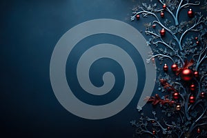 Celtic christmas tree with red decoration balls on Dark Bluebackground. Merry christmas and happy new year greeting card with copy