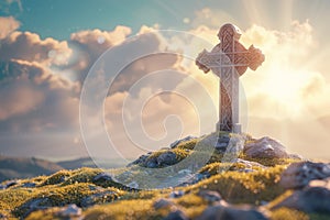 Celtic cross on a hill with sunshine in the blue sky. Heavenly light behind ancient symbol of faith. AI Generated