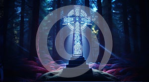 Celtic cross illuminates before a grove of tall trees, in the style of holography, detailed architectural elements