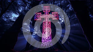 Celtic cross illuminates before a grove of tall trees, in the style of holography, detailed architectural elements