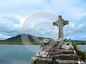 Celtic Cross over looking Mountain and Water