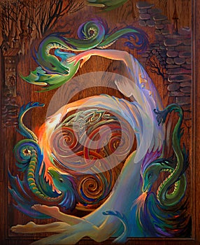 Celtic dance. Portrait of beautiful girl dancing with the dragons. Oil painting on wood.