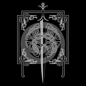 Celtic design. Celtic sword and Celtic Scandinavian ornaments in a frame depicting wolf heads