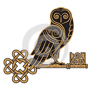 The Celtic design. Owl and key in the Celtic style, a symbol of wisdom