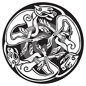 Celtic design of a three dogs biting their tails