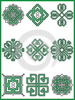 Celtic endless decorative knots selection in black and green cross stitch pattern inspired by Irish St Patrick`s day