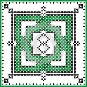 Celtic endless knot in rosette shape in black and green cross stitch pattern on white and black background inspired by St patrick