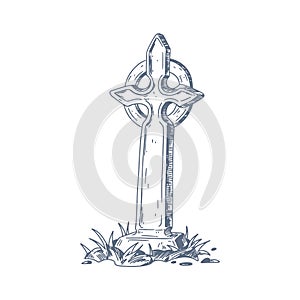 Celtic gothic cross with nimbus or ring on graveyard. Sketch of Irish cemetery burial decoration. Medieval religious