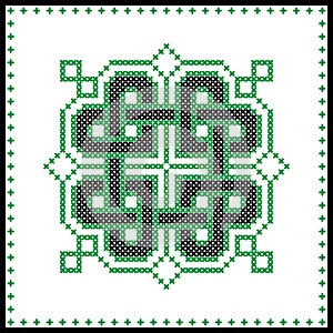 Celtic knot in black and green cross stitch pattern on white and black background inspired by Irish St Patrick`s day