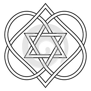 Celtic knot entwining hearts and stars of David, vector Jewish heart shape with star of David art two hearts are woven