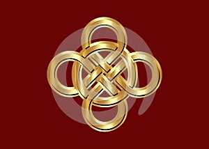 Celtic knot, interlocked circles logo, luxury gold seal Chinese style,  tattoo isolated on dark red background
