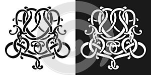 Celtic knot, Scandinavian ornament pattern with viking dragons, hand drawn. Sketch for a tattoo. Vector illustration