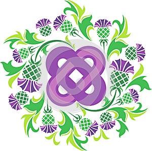 Celtic knot surrounded by flowers thistle