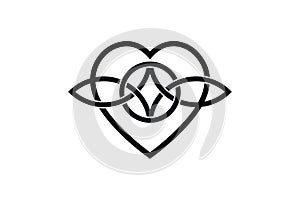 Celtic love knot, intertwined heart shape, Everlasting Love symbol knot. Logo icon Valentines concept, black vector tattoo isolate