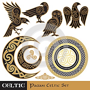 Celtic Magic set. Celtic horned Moon and Sun, Celtic Owl, Celtic Raven