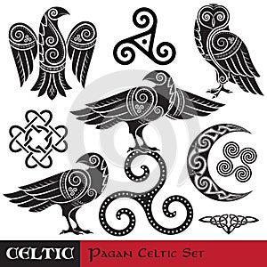 Celtic Magic set. Celtic horned Moon, Celtic Owl, Celtic Raven photo