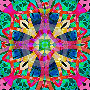 CELTIC MANDALA, ABSTRACT SHAPE, TEXTURE, BLUE CIRCLE, PURPLE CROSS, ROPES IN YELLOW, RED, FUCHSIA, GREEN CENTER,GEOMETRIC