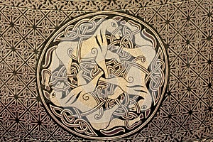 Celtic ornament of three horses on the fabric. Ancient symbol of